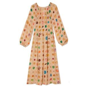 Seashell Print Boho Maxi Dress Sheer Long Sleeve Beach Resort Tidal Style S